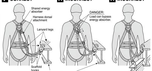 Diagram showing correct and incorrect parking of the unused leg of a twin-leg energy-absorbing lanyard