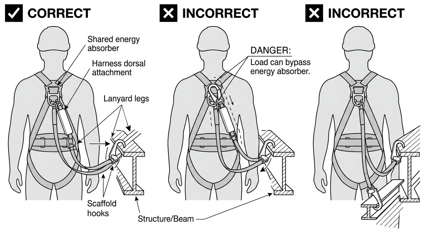 Diagram showing correct and incorrect parking of the unused leg of a twin-leg energy-absorbing lanyard
