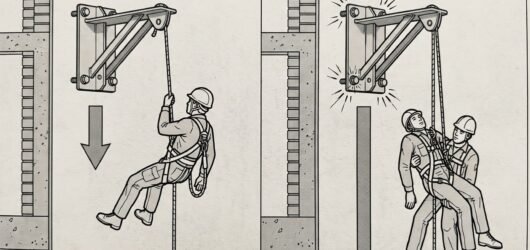 Comparison diagram showing a single-person load on an anchor versus the roughly doubled load of a rescuer and casualty on the same anchor, with stress