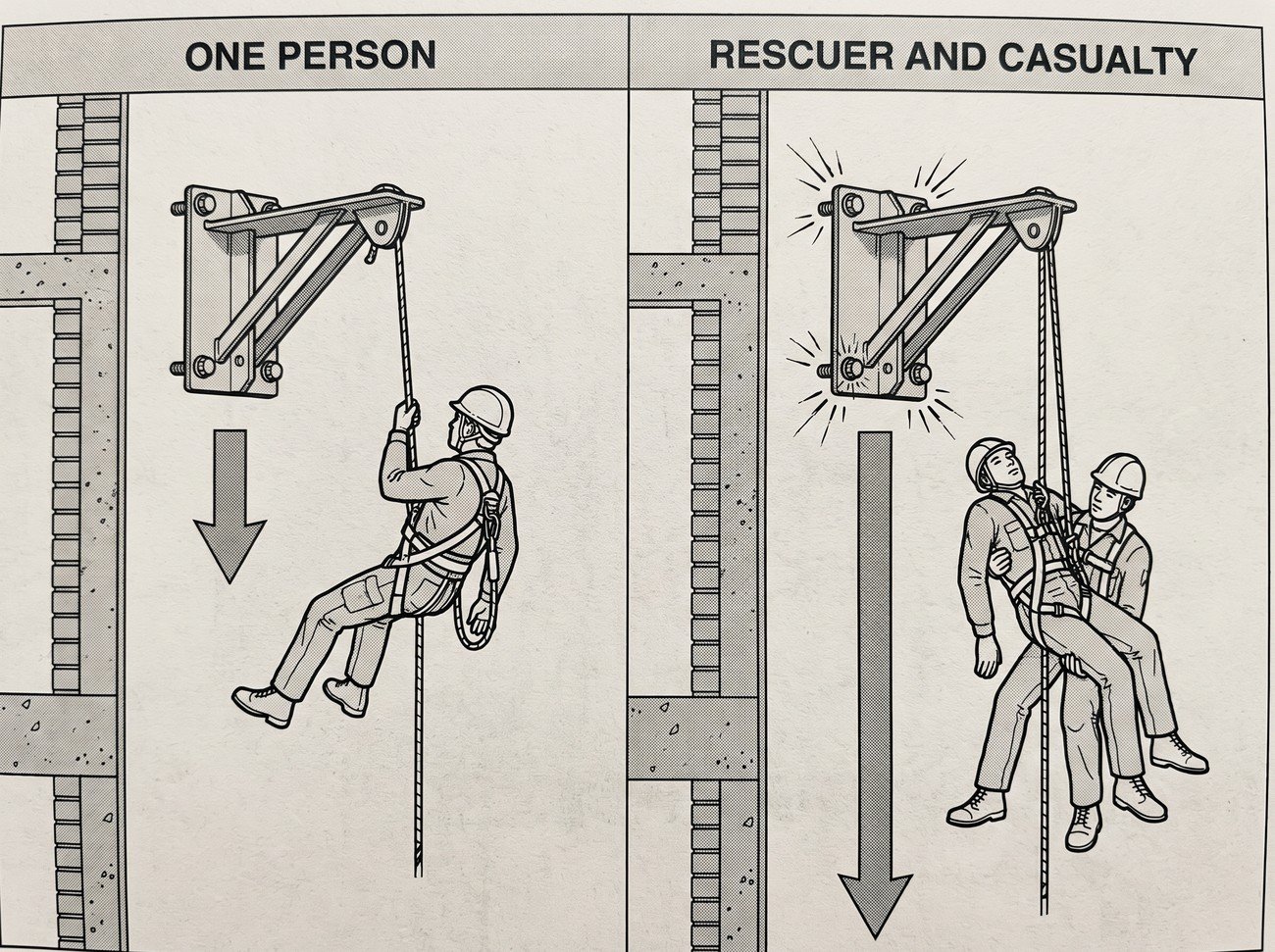 Comparison diagram showing a single-person load on an anchor versus the roughly doubled load of a rescuer and casualty on the same anchor, with stress lines at the bracket fixing.
