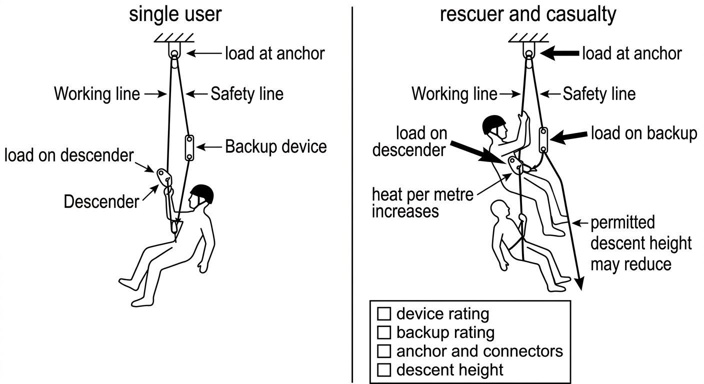 Two-panel diagram comparing loads on descender, backup device and anchor for a single user versus a rescuer with a casualty.
