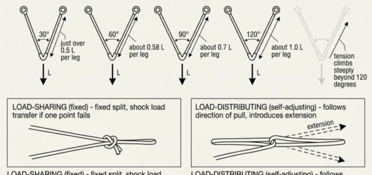Diagram showing leg tension in a two-point anchor at 30, 60, 90 and 120 degree internal angles, and the difference between load-sharing and load-distr