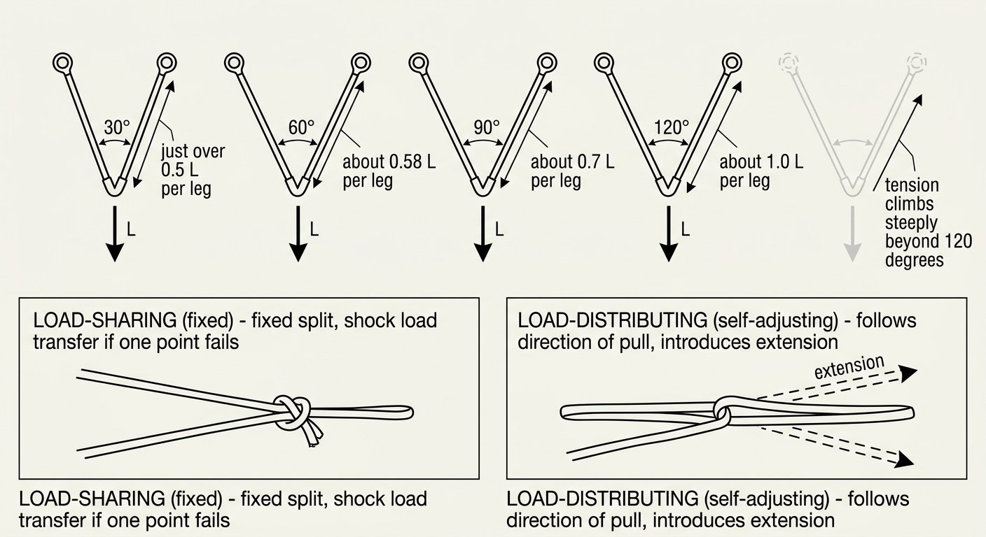 Diagram showing leg tension in a two-point anchor at 30, 60, 90 and 120 degree internal angles, and the difference between load-sharing and load-distributing rigs.