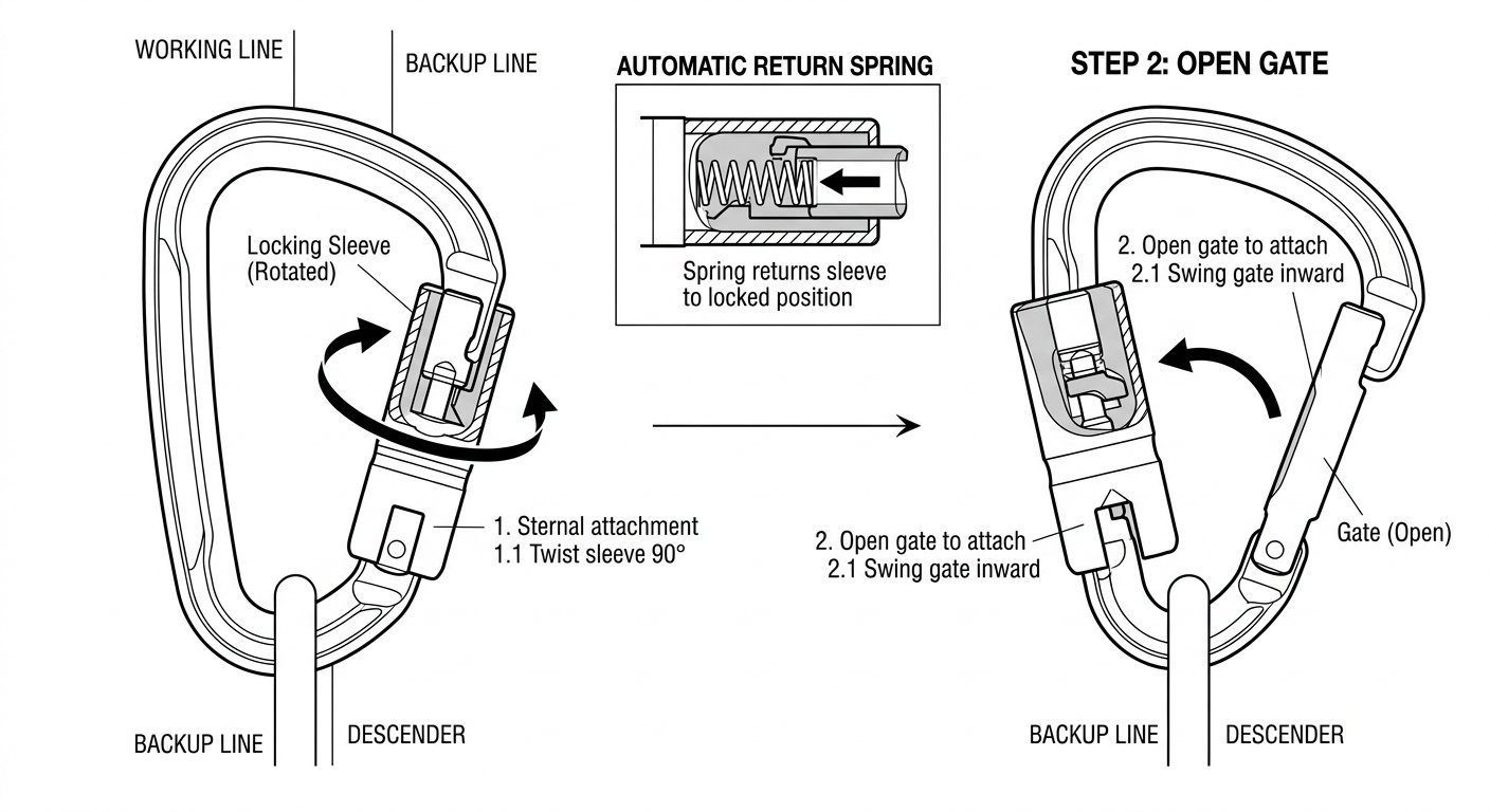 Line diagram of a two-stage auto-locking connector showing the sleeve being twisted and then the gate pushed open, with the sleeve spring-returning to locked