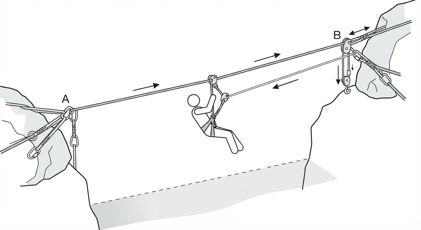 Tyrolean traverse on rope
