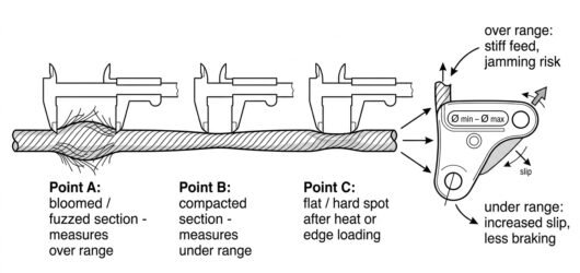 Diagram showing a used rope measured with calipers at bloomed, compacted and flattened sections against a descender's marked diameter range.