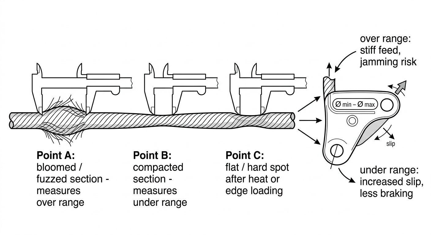 Diagram showing a used rope measured with calipers at bloomed, compacted and flattened sections against a descender's marked diameter range.