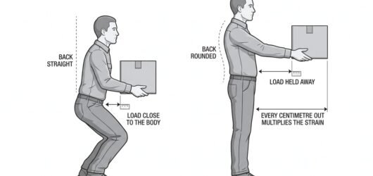 Simple line-art illustration of a worker lifting a box with bent knees and the load held close to the body.
