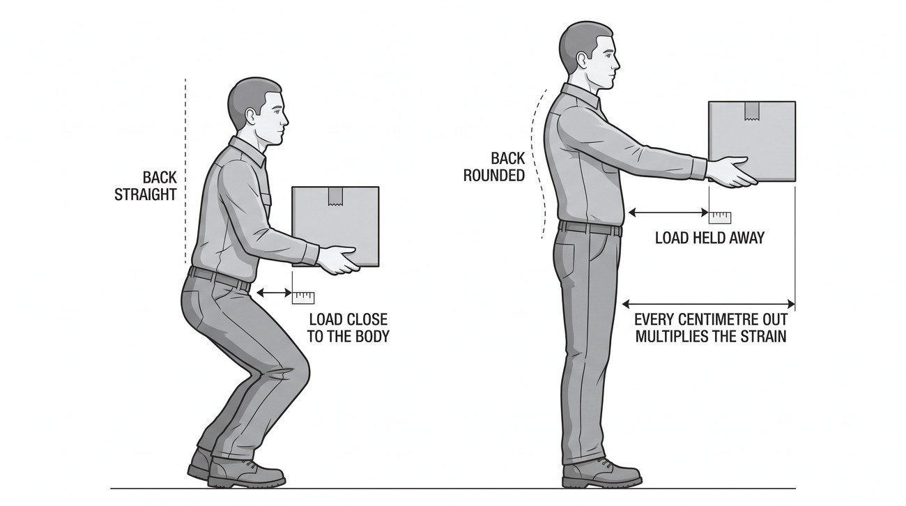 Simple line-art illustration of a worker lifting a box with bent knees and the load held close to the body.
