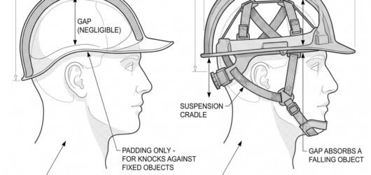 Simple line-art illustration of a lightweight bump cap with a peaked brim and internal padded liner.