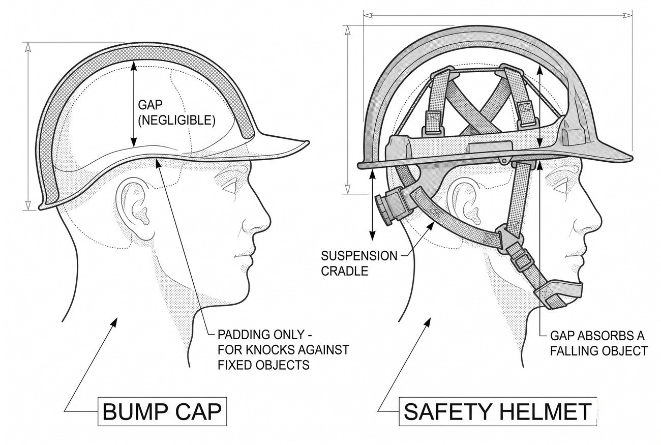 Simple line-art illustration of a lightweight bump cap with a peaked brim and internal padded liner.