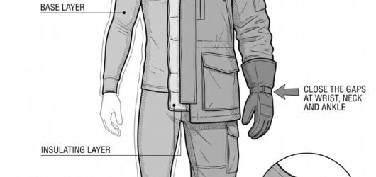 Simple line-art illustration of a worker in layered cold-store clothing with insulated gloves and a hood.