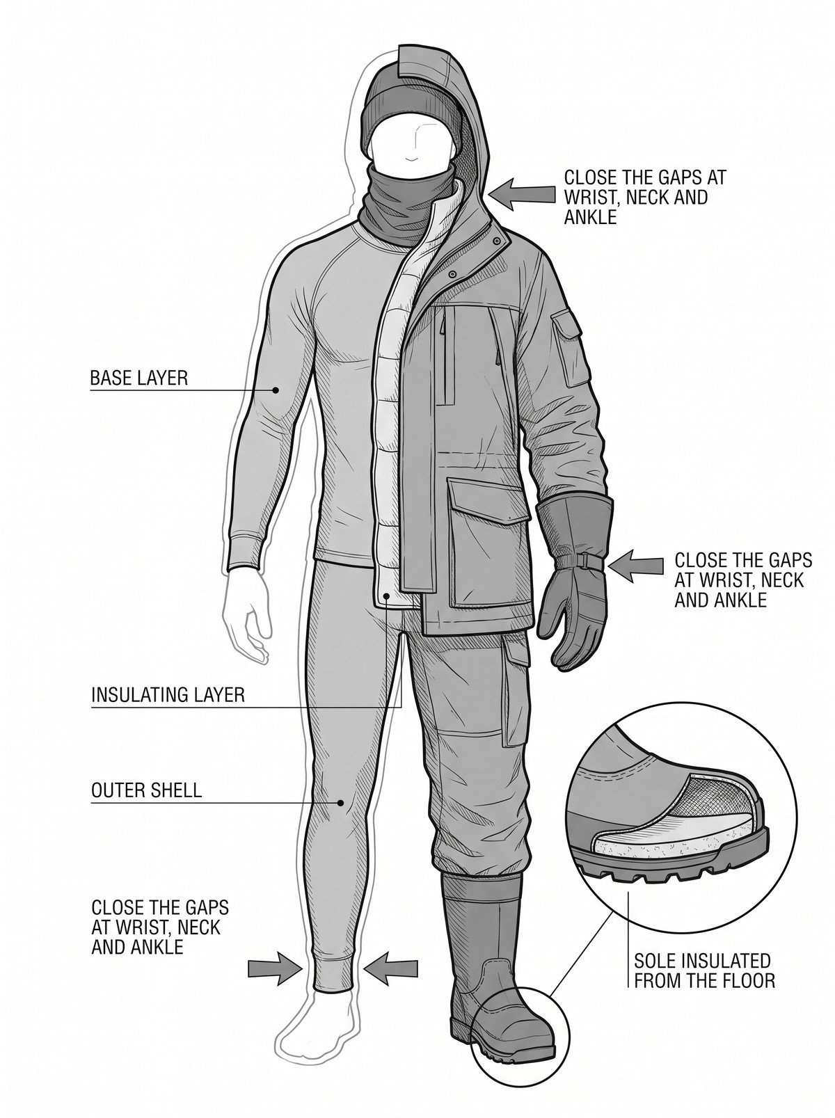 Simple line-art illustration of a worker in layered cold-store clothing with insulated gloves and a hood.