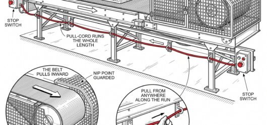 Simple line-art illustration of a conveyor belt with a pull-cord emergency stop running along its guarded side.