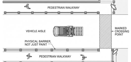 Simple line-art illustration of a warehouse floor with a barrier-separated pedestrian walkway alongside a forklift traffic lane.