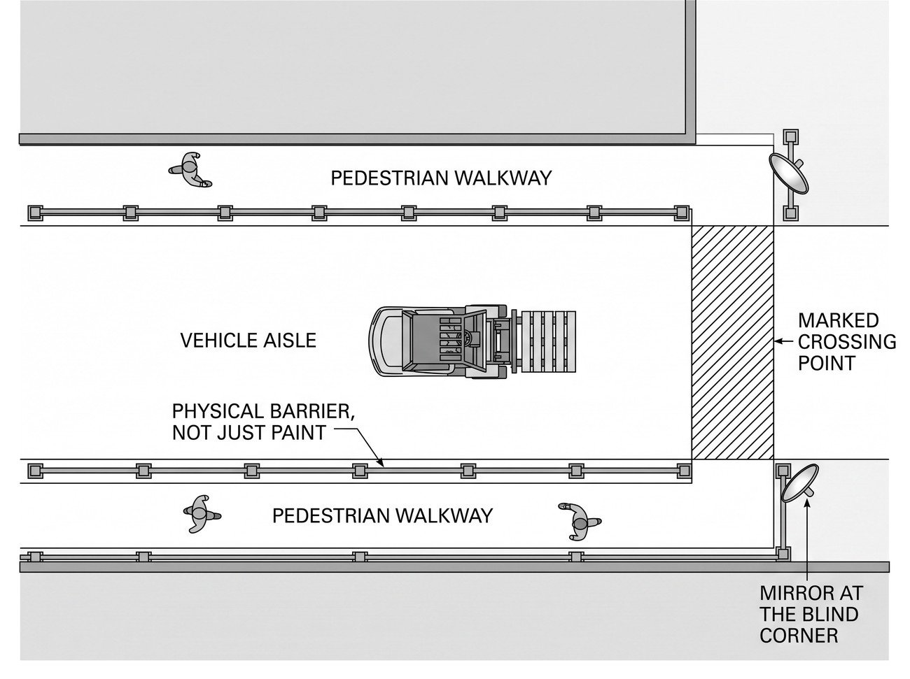 Simple line-art illustration of a warehouse floor with a barrier-separated pedestrian walkway alongside a forklift traffic lane.