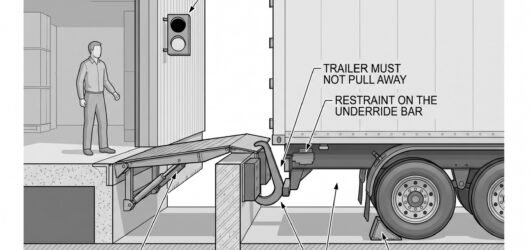 Simple line-art illustration of a mechanical wheel chock positioned against a trailer tire at a loading dock.