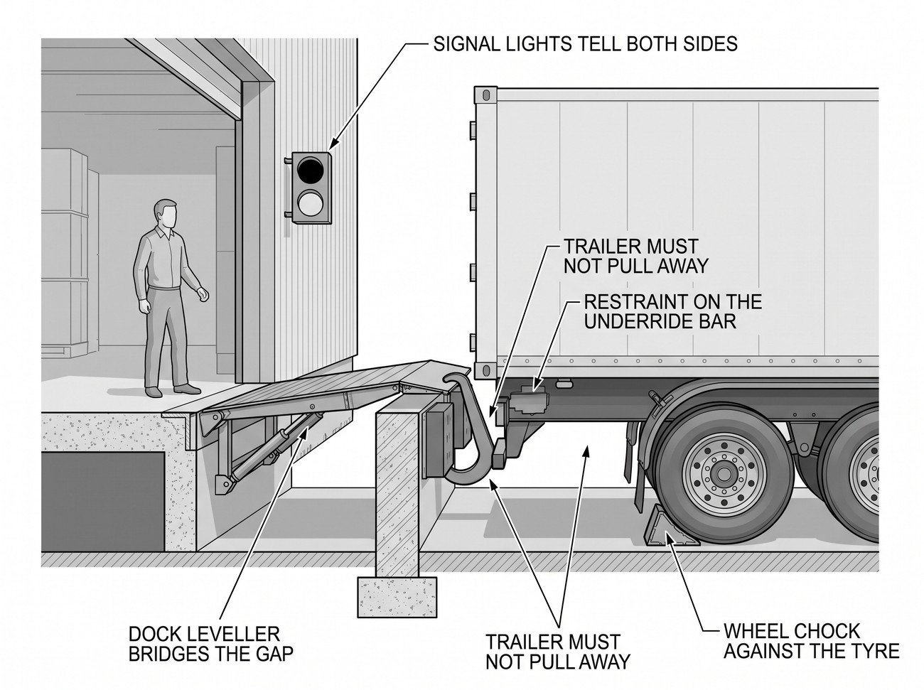 Simple line-art illustration of a mechanical wheel chock positioned against a trailer tire at a loading dock.
