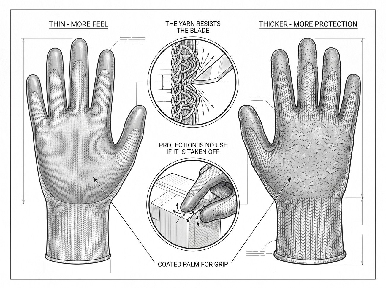 Simple line-art illustration of a cut-resistant glove with a textured grip palm and knitted cuff.