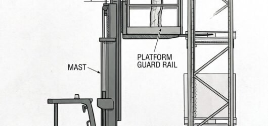 Simple line-art illustration of an order picker operator wearing a harness connected to an anchor point on the truck's cage.