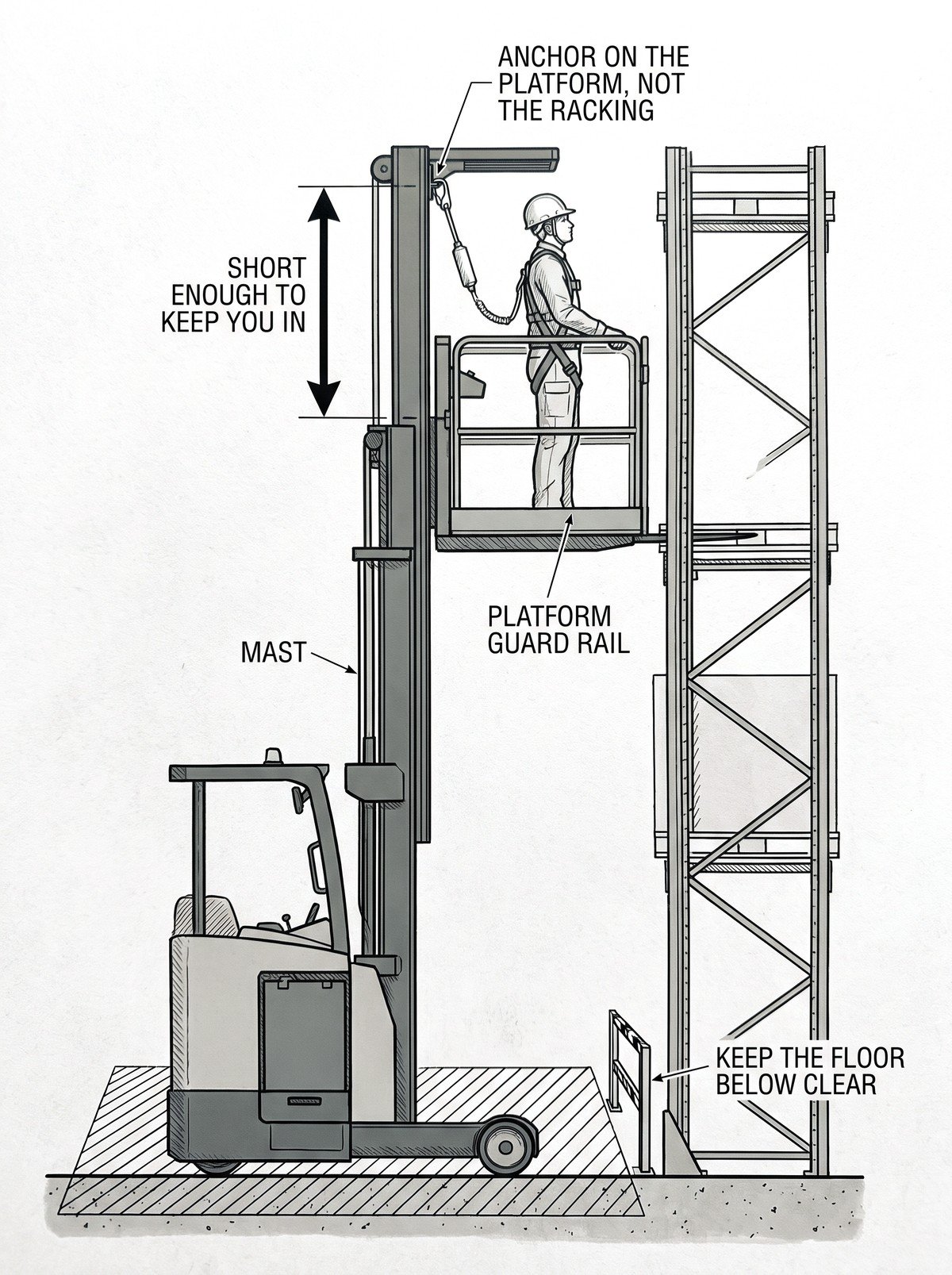 Simple line-art illustration of an order picker operator wearing a harness connected to an anchor point on the truck's cage.
