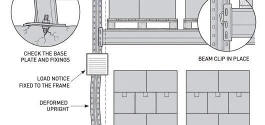 Simple line-art illustration of a warehouse racking upright with a visible bend near its base, next to an undamaged upright for reference.