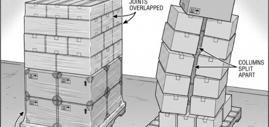 Simple line-art illustration of stacked pallets with heavier boxes at the base and progressively lighter boxes toward the top.