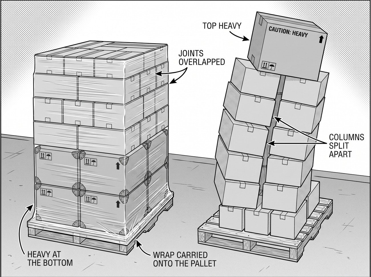 Simple line-art illustration of stacked pallets with heavier boxes at the base and progressively lighter boxes toward the top.