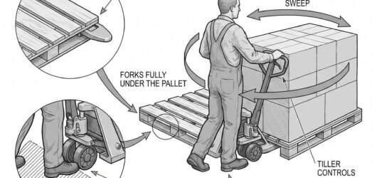 Simple line-art illustration of a pallet truck with its forks lowered under a pallet on a level floor.