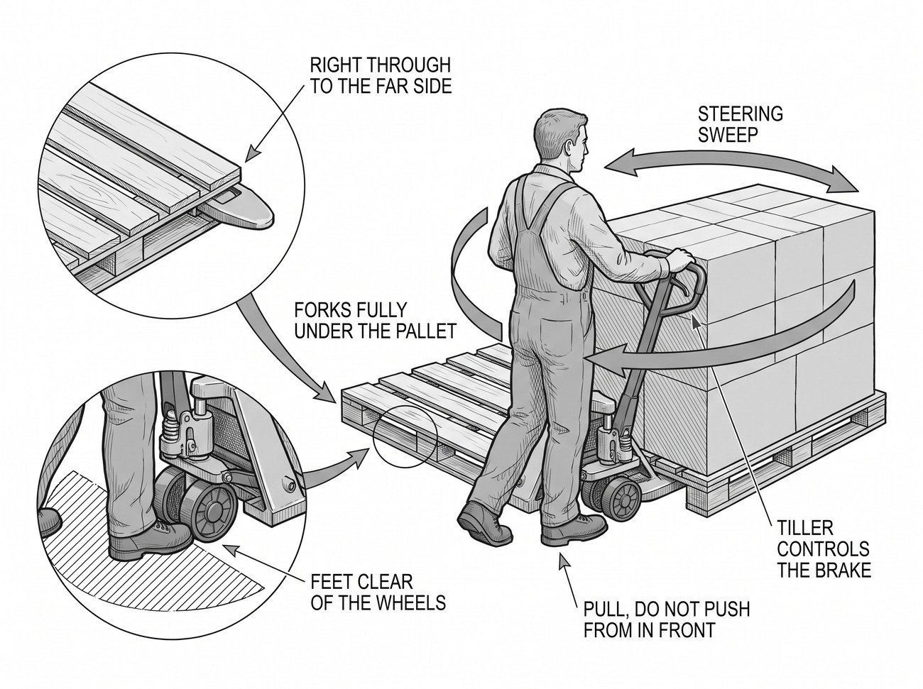 Simple line-art illustration of a pallet truck with its forks lowered under a pallet on a level floor.