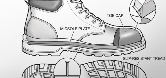 Simple line-art illustration of a safety boot with a reinforced toecap and slip-resistant sole tread.