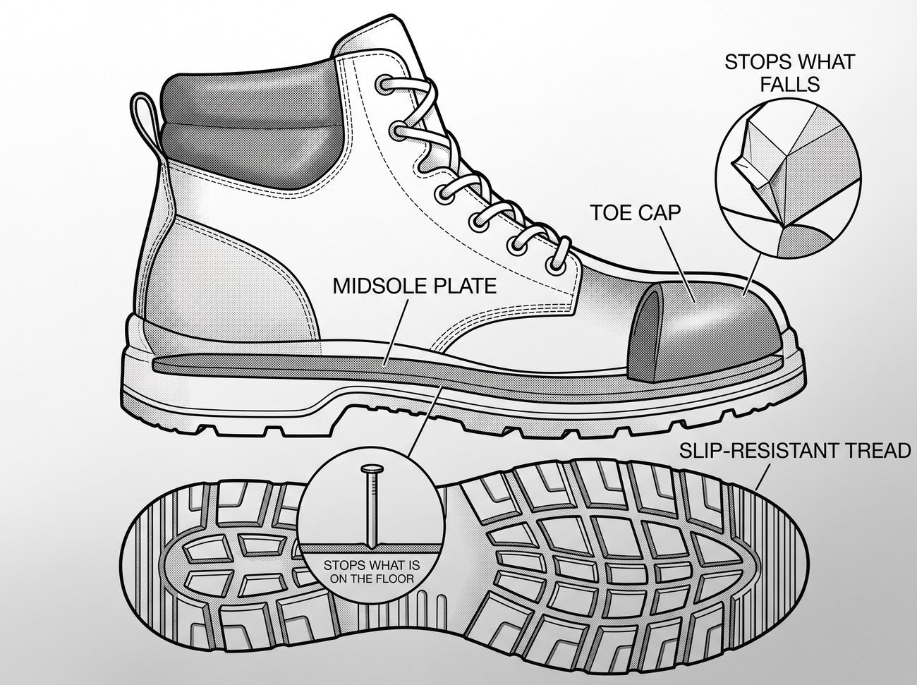 Simple line-art illustration of a safety boot with a reinforced toecap and slip-resistant sole tread.
