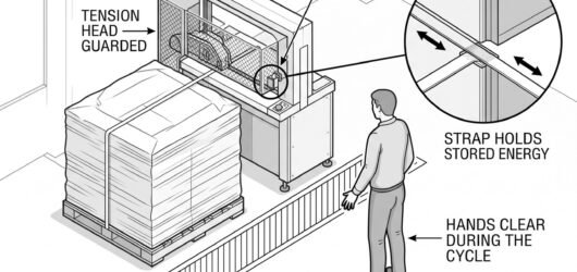 Simple line-art illustration of a strapping machine applying tensioned strap around a stacked pallet.