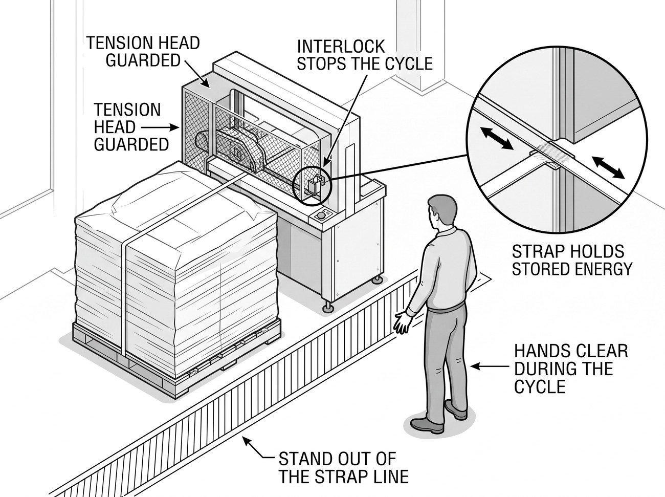 Simple line-art illustration of a strapping machine applying tensioned strap around a stacked pallet.