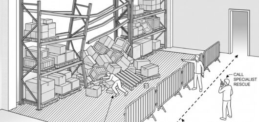 Simple line-art illustration of a rescue team assessing a partially collapsed racking structure with a barrier positioned around the area.