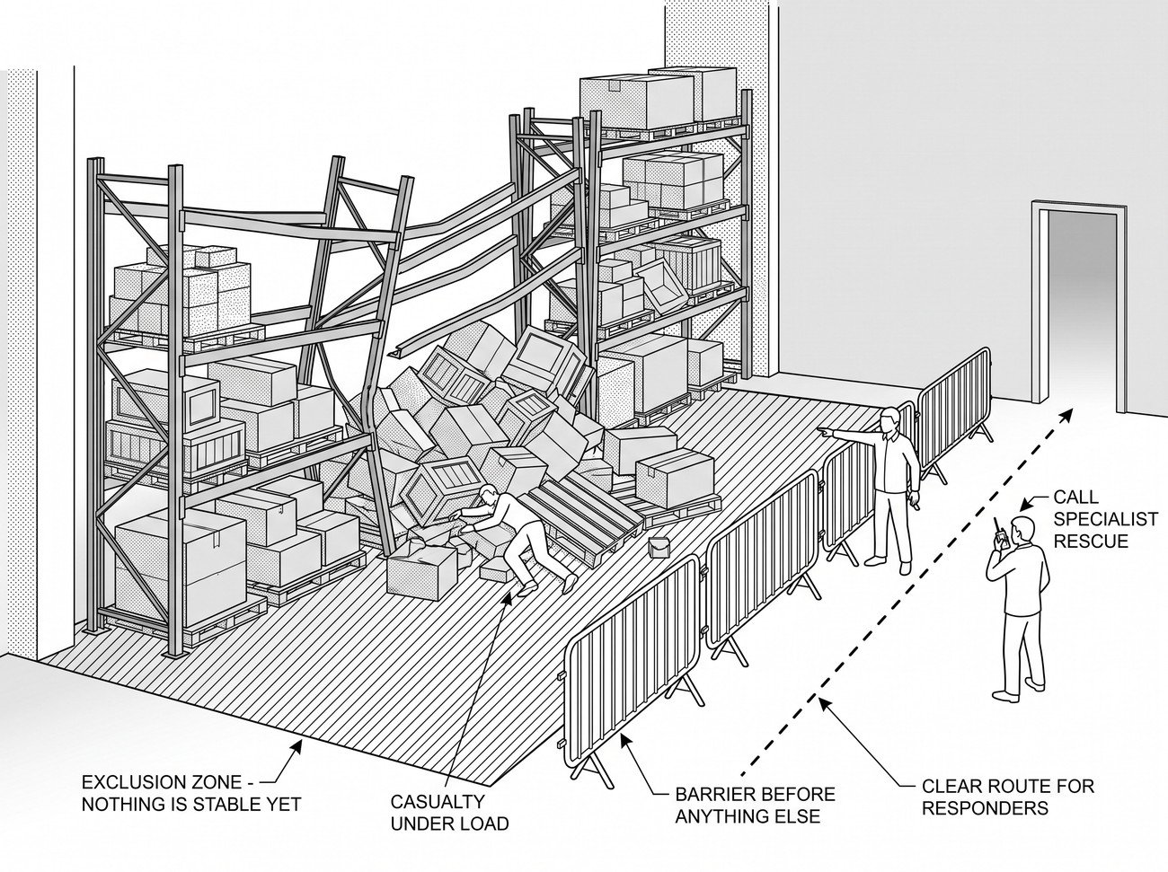 Simple line-art illustration of a rescue team assessing a partially collapsed racking structure with a barrier positioned around the area.