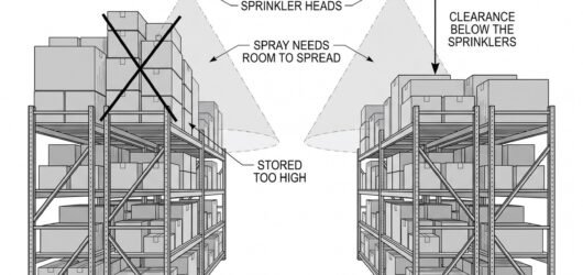 Simple line-art illustration of a warehouse aisle with clear space maintained between racking rows and a sprinkler head visible overhead.