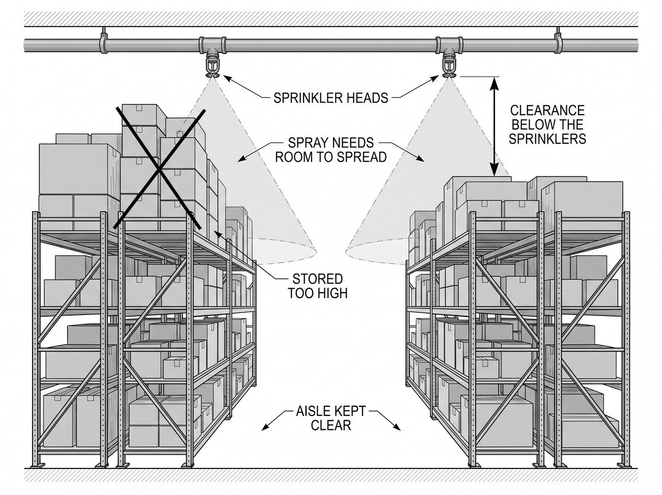 Simple line-art illustration of a warehouse aisle with clear space maintained between racking rows and a sprinkler head visible overhead.