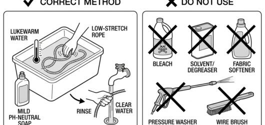 Comparison diagram of correct and incorrect washing methods for a low-stretch rope, contrasting mild soap and lukewarm water with bleach, solvents, so