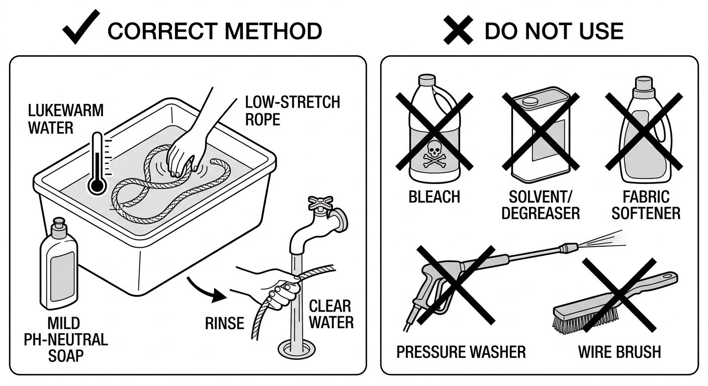 Comparison diagram of correct and incorrect washing methods for a low-stretch rope, contrasting mild soap and lukewarm water with bleach, solvents, softener and pressure washing