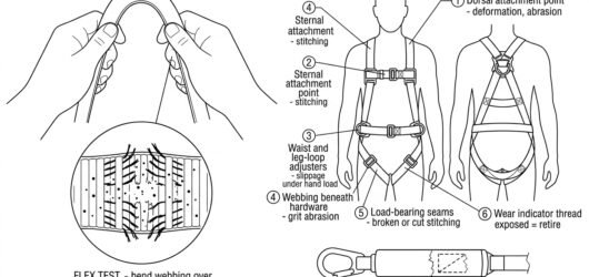 Diagram showing the webbing flex test opening the weave to reveal cut yarns, plus numbered harness inspection zones and a partially deployed energy ab
