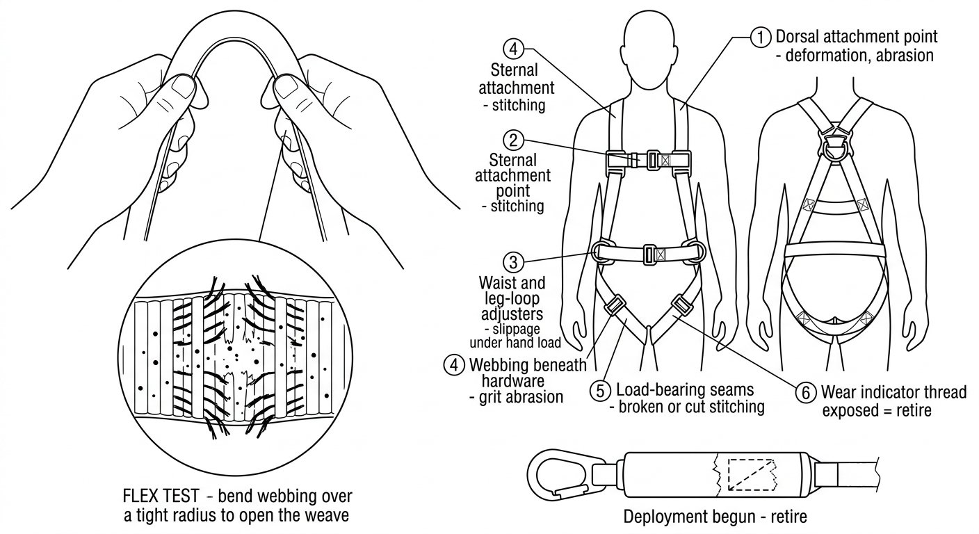 Diagram showing the webbing flex test opening the weave to reveal cut yarns, plus numbered harness inspection zones and a partially deployed energy absorber.