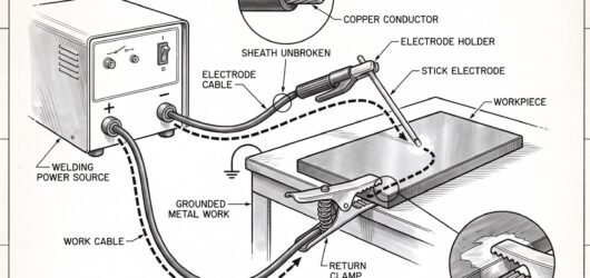 Simple line-art illustration of a welding electrode holder with intact cable insulation connected to a work return clamp.