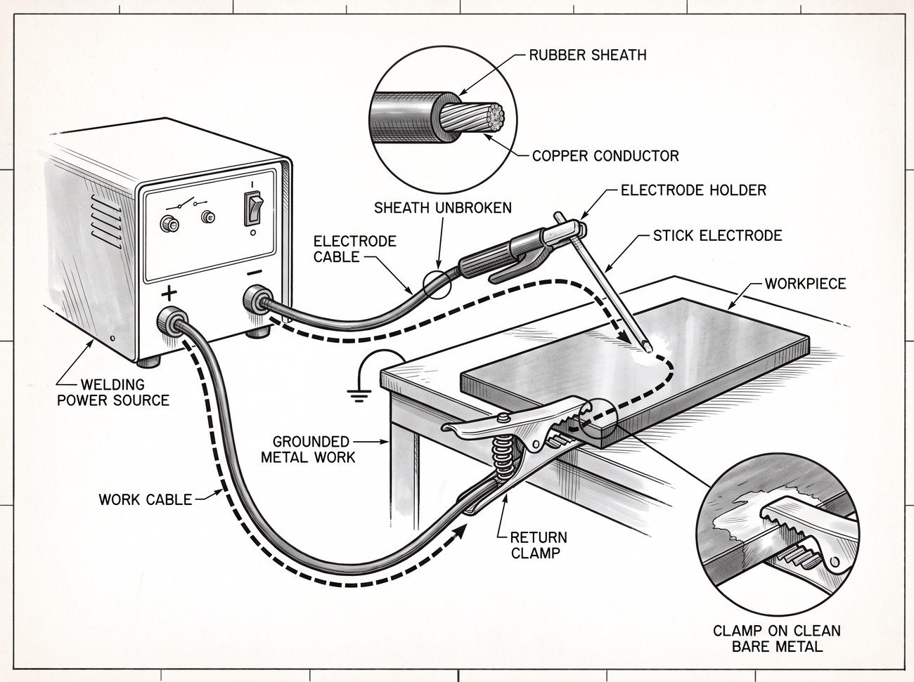 Simple line-art illustration of a welding electrode holder with intact cable insulation connected to a work return clamp.