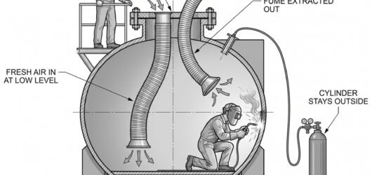 Simple line-art illustration of a ventilation duct and hose running into a confined space entry hatch, with a harness hanging on a stand beside the op