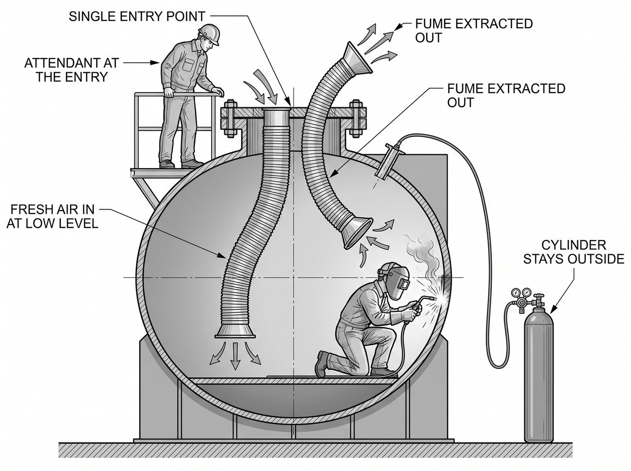 Simple line-art illustration of a ventilation duct and hose running into a confined space entry hatch, with a harness hanging on a stand beside the opening.