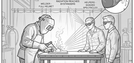 Simple line-art illustration of a pair of shaded safety glasses positioned in front of a welding work area.