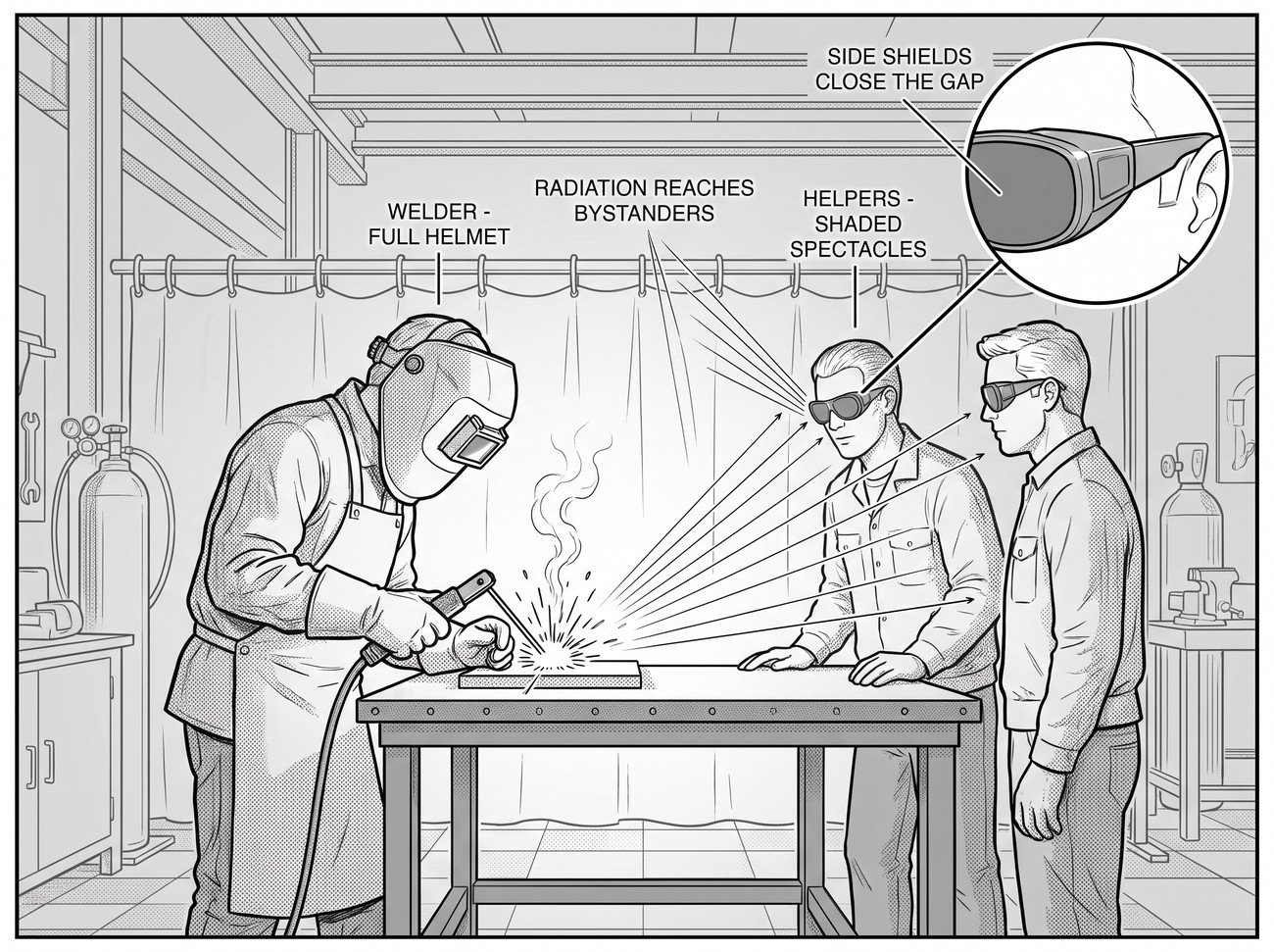 Simple line-art illustration of a pair of shaded safety glasses positioned in front of a welding work area.