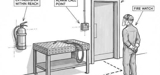 Simple line-art illustration of a fire extinguisher and an alarm call point mounted on a wall near a hot work area.