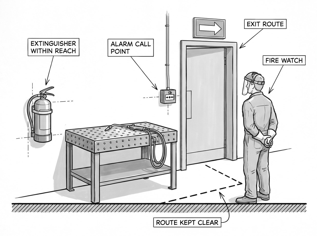Simple line-art illustration of a fire extinguisher and an alarm call point mounted on a wall near a hot work area.